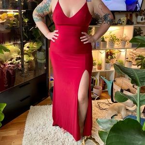 Red floor length side slit formal dress